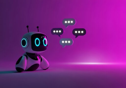 A cute robot with glowing eyes communicates with speech bubbles in a futuristic purple environment, representing artificial intelligence and conversation