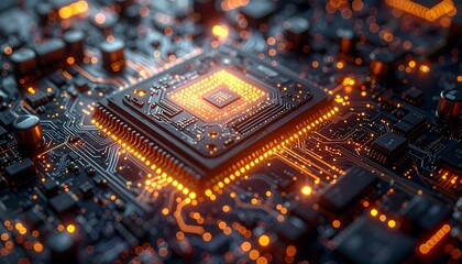 Obraz premium Intricate circuit board with glowing connections, suggesting complex technology and interconnectedness in dark setting