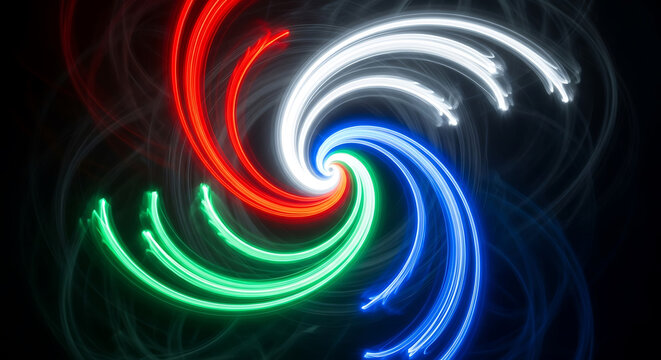 Dynamic abstract light trails forming a vibrant colorful glowing spiral art