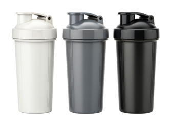 Three Protein Shaker Bottles in White, Grey, and Black