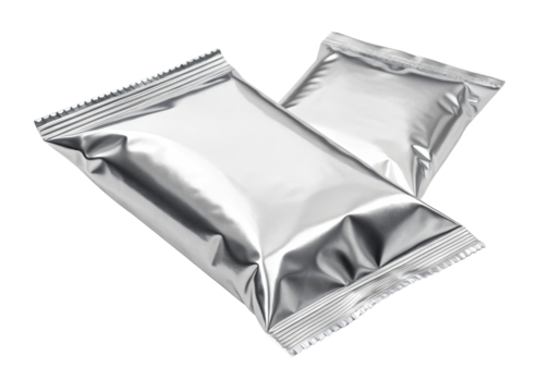 Two shiny silver foil pouches with crimped seal