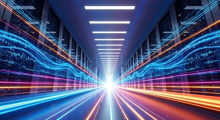 Futuristic server room with data streams and light trails, showcasing highspeed internet, cloud computing, and advanced information technology infrastructure