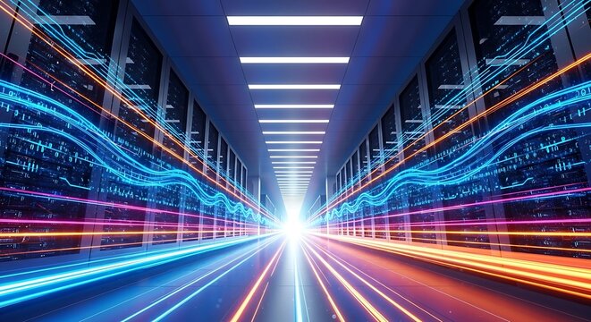 Futuristic server room with data streams and light trails, showcasing highspeed internet, cloud computing, and advanced information technology infrastructure