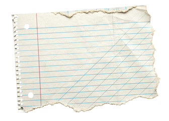 Torn aged spiral notebook paper lines holes isolated, cut out transparent