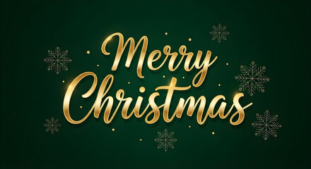 Elegant golden merry christmas text with snowflakes on dark green background