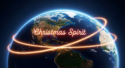 Glowing christmas spirit encircles the earth at night with city lights visible