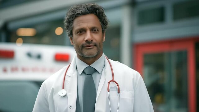 doctor standing with stethoscope in emergency entrance soft ambulance siren in distance frontline care three quarter wide angle cinematic color correction gentle backlight clean