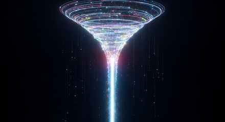 Digital funnel of flowing data particles forming an abstract glowing light stream