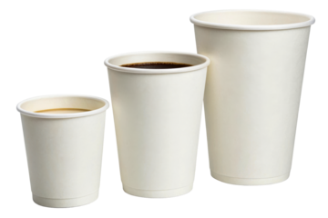 Three disposable paper cups different sizes hot beverage, cut out transparent