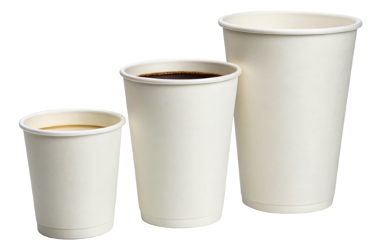 Three disposable paper cups different sizes hot beverage, cut out transparent