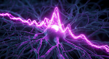 Brain neuron showing active electrical signal, synapse, and communication concept
