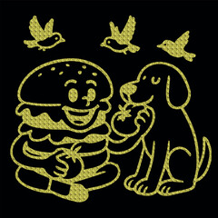 Fototapeta premium Whimsical Hamburger Character with Dog and Flying Birds – Textured Vector Illustratio