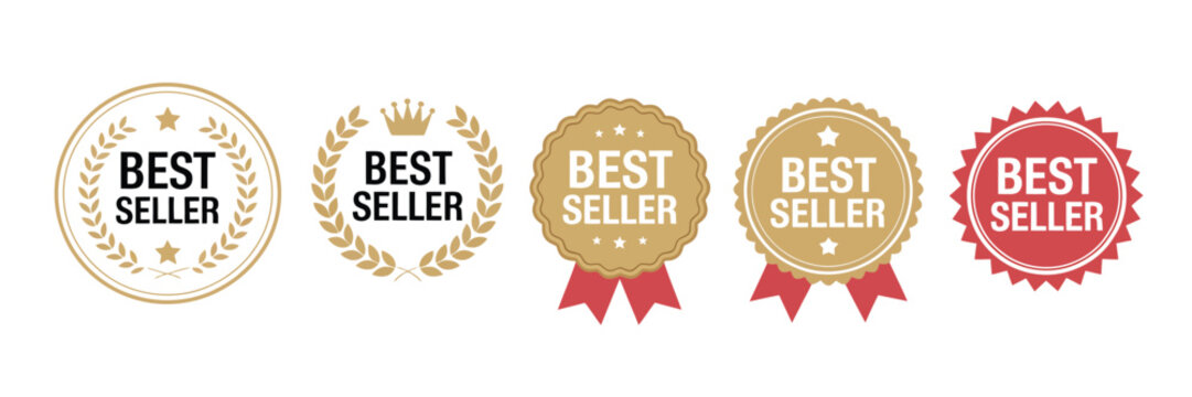  best seller stickers. premium quality labels in gold and red tones, perfect for e-commerce, retail marketing, and featured product promotion design.