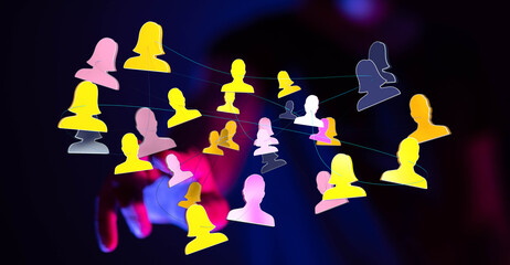 Abstract network of connected people symbolizing teamwork, social connection, and communication in...