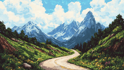 Naklejka premium Scenic illustration of winding road through lush green hills toward snow capped peaks under cloudy sky