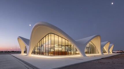 Modern White Building Exterior At Dusk In Desert Landscape