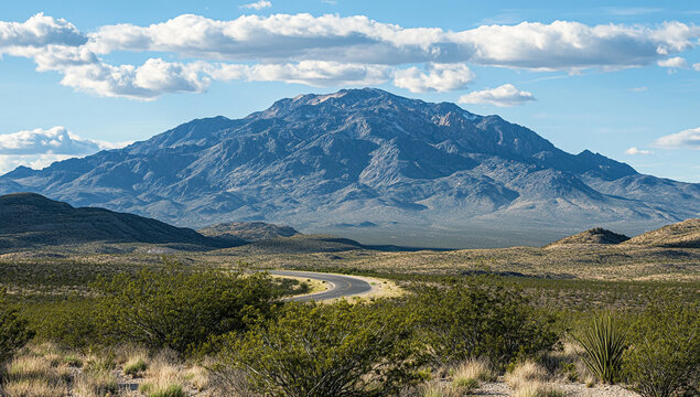 Majestic desert mountain landscape with winding road and arid flora under blue cloudy sky