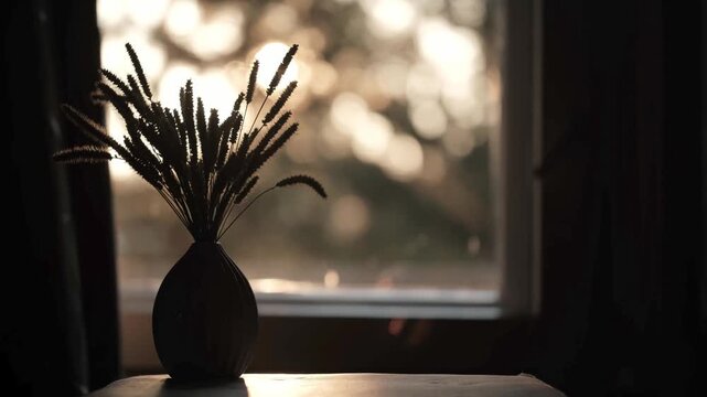 warm golden hour sunlight shining through window, backlighting silhouette vase with dried grass inside, creating peaceful and serene atmosphere with beautiful bokeh in background. close up.