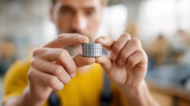 Hands precision measuring metal component with defocused workshop, faceless skilled worker, industrial measurement visualization, blurred daytime background, quality control detail