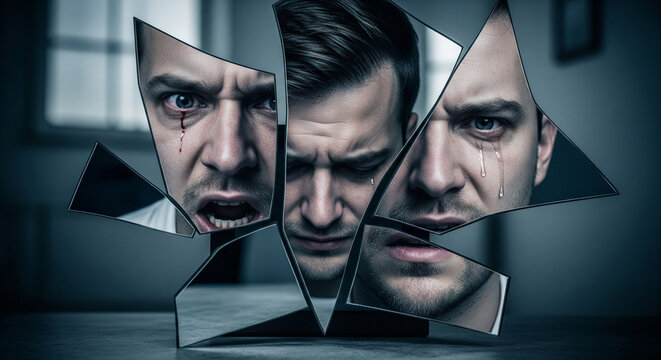 Conceptual portrait of a man with bipolar disorder expressing anger and despair in fragmented mirror reflections, anxious mental state
