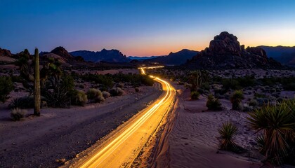 Long exposure shows lights trailing on road through desert landscape with mountains at dusk, cactus, shrubs