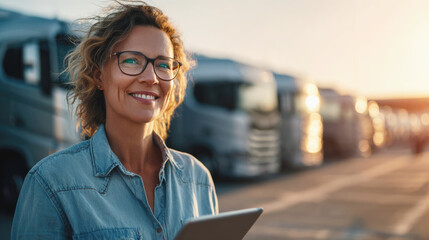 Confident female logistics manager with tablet at truck depot during golden hour, symbolizing modern transportation, fleet management and women in logistics industry.