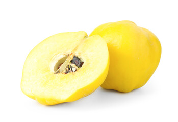 Whole and cut ripe quince fruits isolated on white