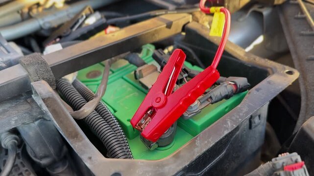 red jumper cable clamp connected to car battery terminal. Ideal for automotive repair, battery charging, power, and emergency or safety tutorial videos.