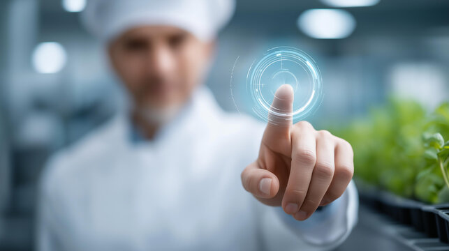 Operator with holographic display at plant defocused facility, faceless futuristic technology, data visualization detail, blurred chemical background, industrial safety concept, vi