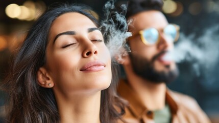Fototapeta premium A couple sits at a charming outdoor cafe, smiling as they sip coffee and enjoy the fresh air. Sunlight filters through the trees, creating a warm, inviting atmosphere
