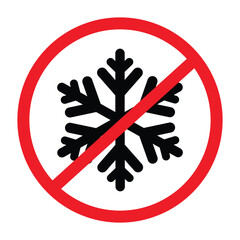 Prohibition sign: Black snowflake icon crossed out by a bold red circle and diagonal line. A vector symbol indicating 
