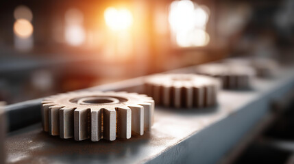 Machinery gears and cogs in defocused coal mine setting, faceless mining equipment, mechanical visualization detail, blurred industrial background, mining operations concept, machi