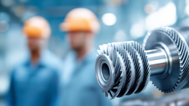Professional teamwork manufacturing turbines with defocused industrial factory, faceless production workers, steam turbine visualization, blurred facility background, manufacturing