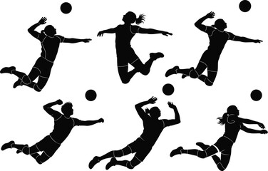 Volleyball jump silhouettes, spike motion, athletic pose, ball hit, sport vector, black design, dynamic action, mid-air stance, game energy