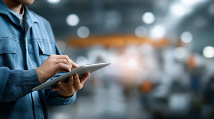 Robotic engineer checking automation system with defocused factory, faceless quality control, robot visualization detail, blurred production background, welding robotics concept, p