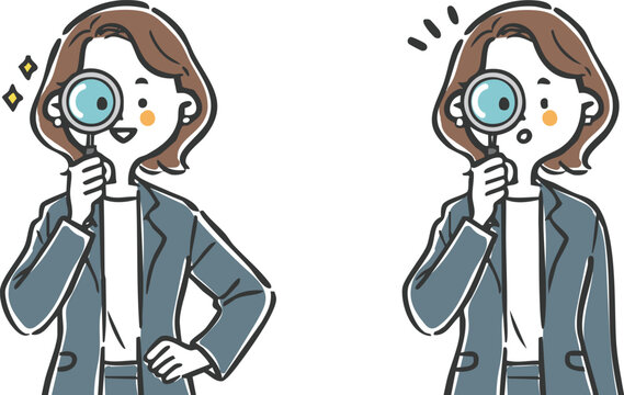 虫眼鏡をのぞくビジネスウーマン　上半身　ベクター
