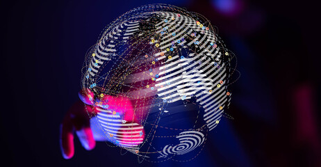 Abstract image of a glowing digital globe held in hand, representing global connectivity, network, and communication technologies.