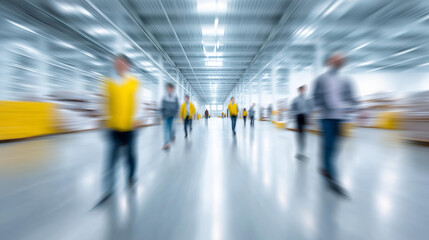 Long exposure warehouse with motion blur defocused workers, faceless facility activity, modern visualization detail, blurred movement background, warehouse operations concept, indu