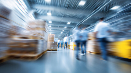 Long exposure warehouse with motion blur defocused workers, faceless facility activity, modern visualization detail, blurred movement background, warehouse operations concept, indu