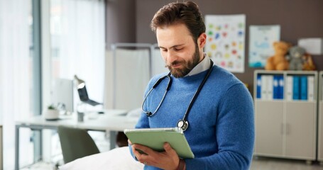 Medical, reading or man in hospital with tablet, online info or record review for patient diagnosis. Healthcare, checklist or doctor in clinic with tech, admin or evaluation result for treatment plan