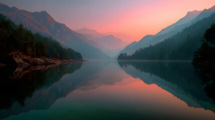 Quiet sunrise over mountain lake mirroring soft pink light and stillness 