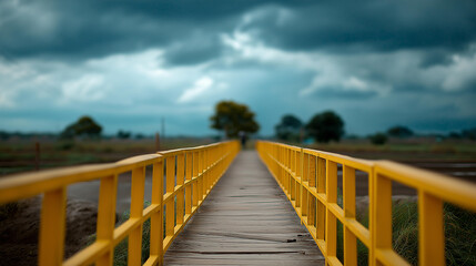 Obraz premium Industrial yellow walkway over farmland with defocused dramatic sky, faceless agricultural infrastructure, landscape visualization detail, blurred countryside background, industria