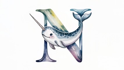 Narwhal letter N watercolor animal art