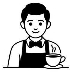 A simple and charming black and white icon of a barista wearing an apron and bow tie with a steaming cup of coffee