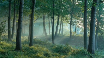 Obraz premium Sun rays in foggy forest landscape