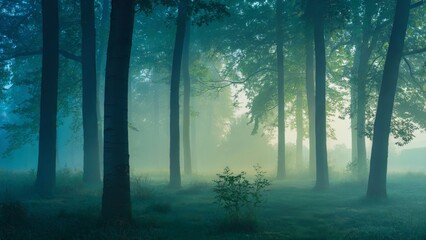 Dreamy foggy forest at sunrise