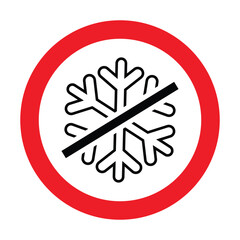Warning symbol with a red snowflake crossed by a black line inside a bold black circle, representing no cold, antifreeze, or non-freezing zone. Ideal for safety signs and industrial use.