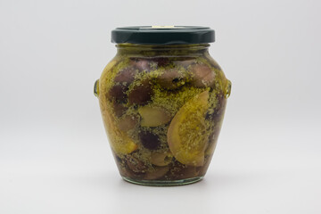 Jar of homemade pickles isolated on white