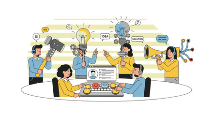 A diverse creative team collaborates on innovative content strategies, brainstorming new ideas and engaging in digital marketing and media production efforts.