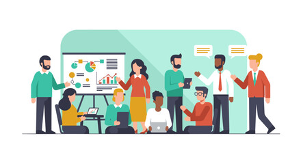 A diverse team of professionals collaborates effectively in a modern office environment, analyzing data and discussing strategic business plans during an engaging presentation.